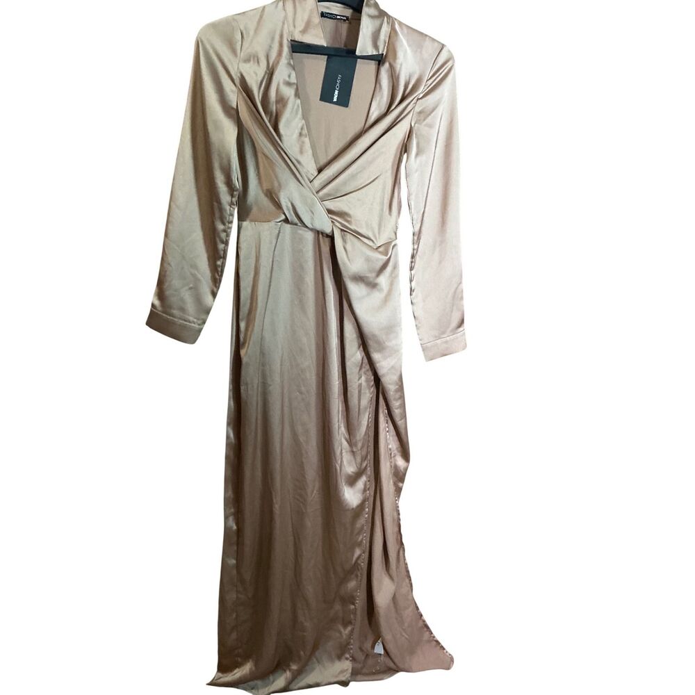 Fashion Nova Satin Twist Front Long Sleeve Maxi Dress Champagne Size S